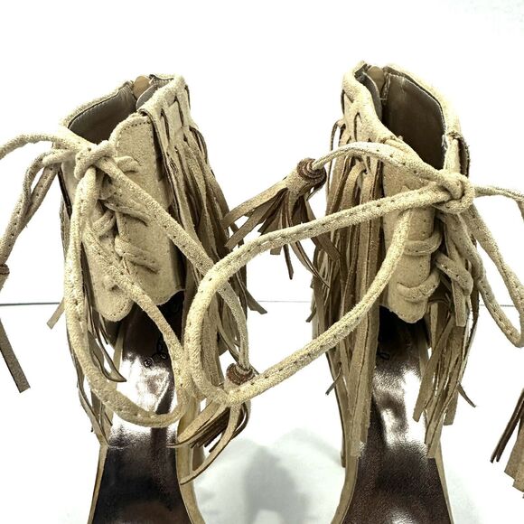 QUPID Womens Shoes Size 6 Fringe Ankle Open Toe Taupe Zip Closure Platform Heels - Picture 7 of 16